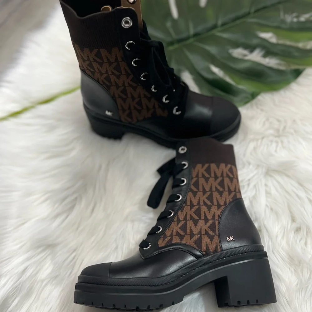 Michael Kors Brea Leather and Logo Jacquard Combat Boot ✨brand new✨ - Picture 7 of 10